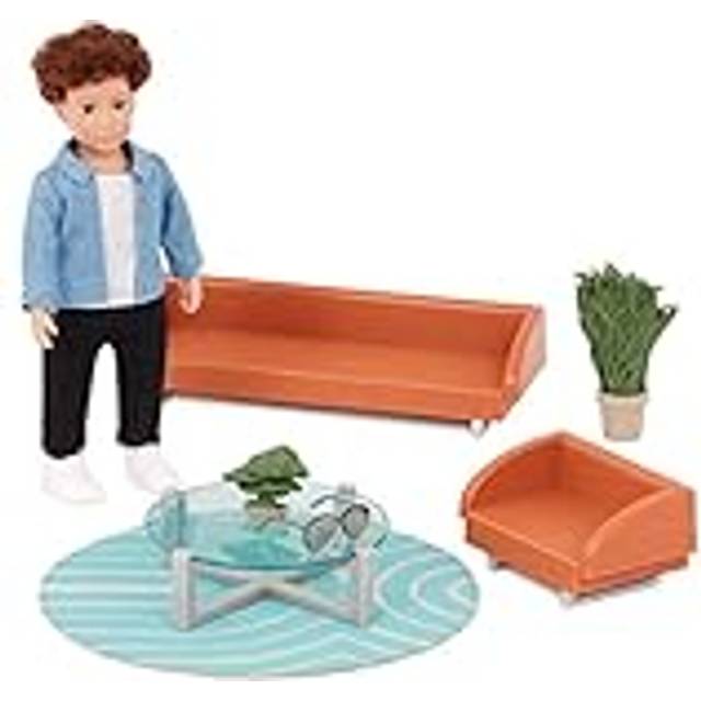 LO37123Z Mini Toy Living Room Furniture â 6-inch Boy Doll & Dollhouse Accessories â Sofa, Armchair, Coffee Table, Rug, Plants â Play Kids â 3
