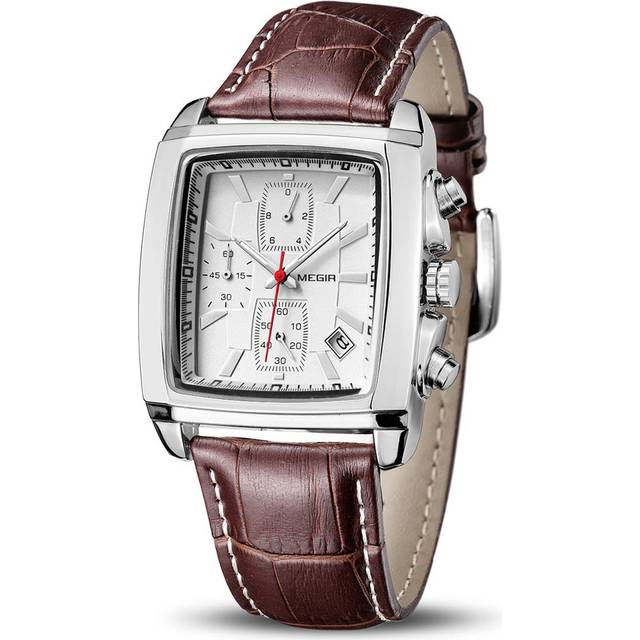 (White) MEGIR Men&apos;s Business Analog Chronograph Luminous Rectangle Quartz Watch with Stylish Leather Strap for Sport & Work 2028