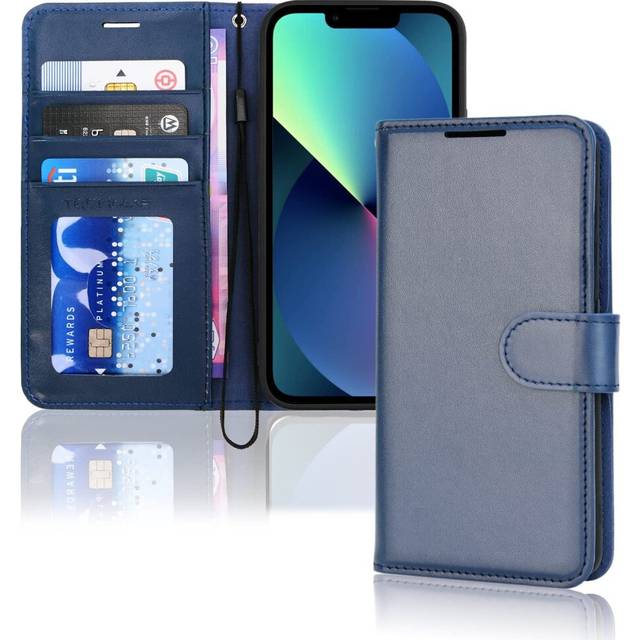 TECHGEAR iPhone 13 Leather Wallet Case, Flip Protective Case Cover with Wallet Card Holder, Stand and Wrist Strap - Blue PU...