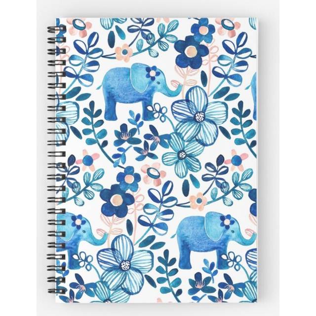 Spiral Notebook Blushk, White and Blue Elephant and Floral Watercolor Pattern A5 120 Pages