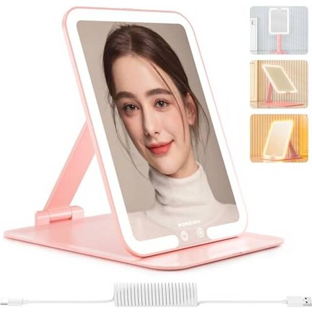 Travel Makeup Mirror Rechargeable, Illuminated Makeup Mirror with 3 Colors Modes, Folding Mirror with Adjustable Stand, Desk Mirror with Lights for