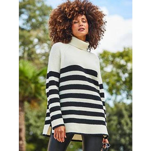 Sosandar Womens Cream & Black Stripe Super Soft Roll Neck Jumper - Size Medium
