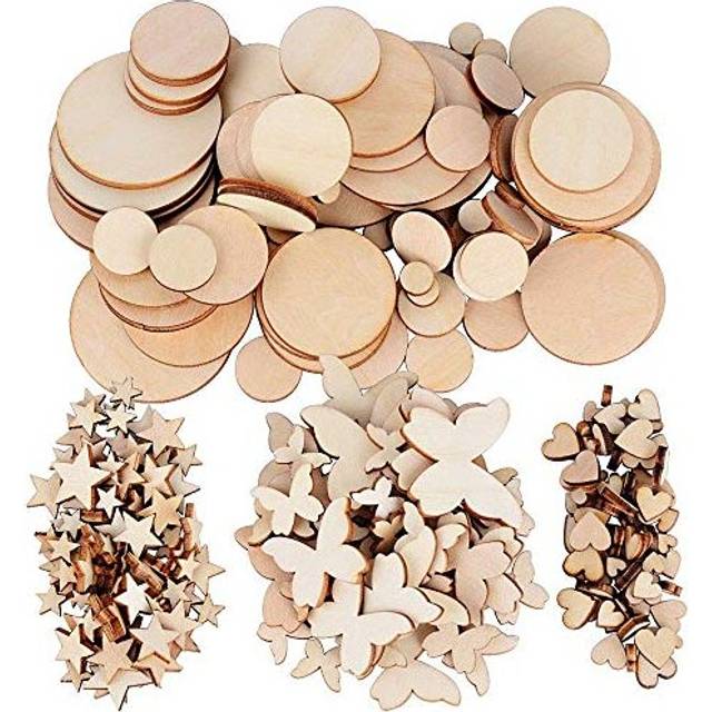 200pcs Natural Wooden Heart for Crafting, Wooden Craft Shapes Craft Cutout Star, Love Heart, Butterfly, Round Wooden Shapes for Crafting DIY Wedding