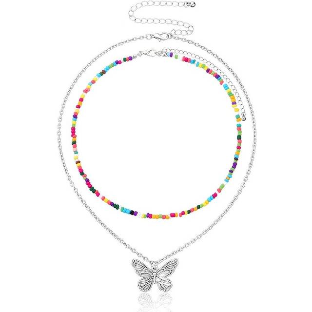 Bohemian Rainbow Butterfly Star Shell Beaded Necklace for Women Teenagers Layered Colorful Pentagram Seed Necklace Vintage Summer Beach Jewelry