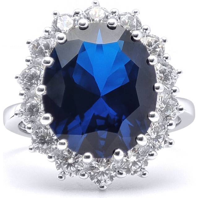 (L) Jewelco London Sterling Silver Blue Oval Cubic Zirconia Princess Diana & Kate Royal 2mm Engagement Ring, 10x12mm - 8-84-9751