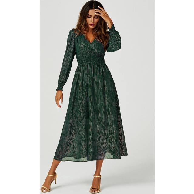 Gold Stripe Foil V-Neckline Long Sleeve Maxi Dress In Green