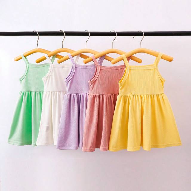 SHEIN Baby Girl Casual Simple Solid Color Cami Dress For Summer, 5pcs/Pack