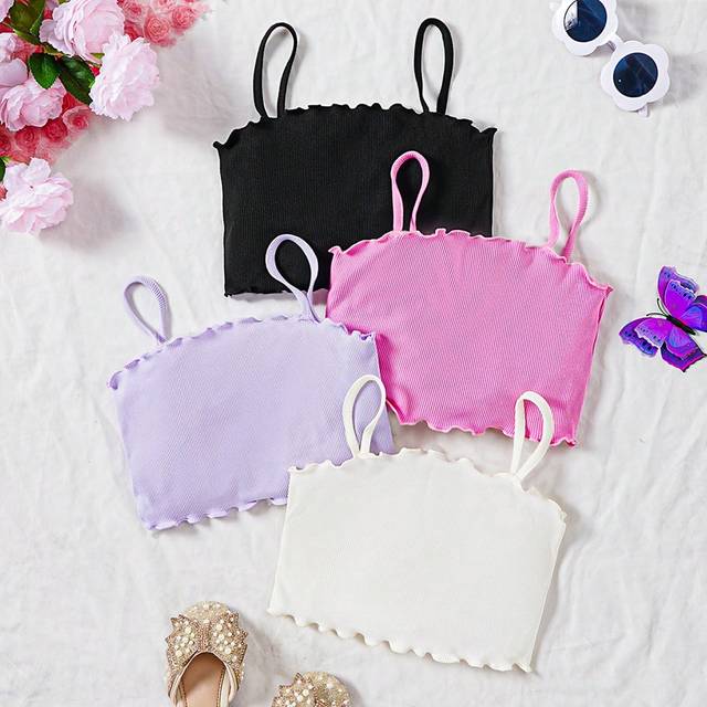 SHEIN Young Girl Knitted Solid Color Sleevless Tops & Shorts & Headband & Necklace 4pcs Outfits Set