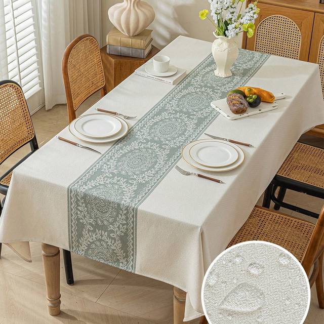 SHEIN 1pc White & Green Jacquard Waterproof Table Cloth, Polyester Fabric, For Living Room Or Dining Table Decoration, Machine Washable