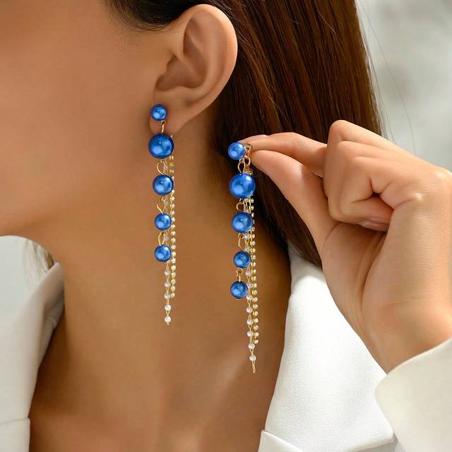 SHEIN 1pair French Vintage Style Simulated Faux Pearl & Rhinestone Decor Long Tassel Earrings For Women, Perfect For Gift And Party