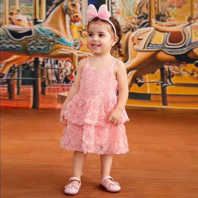 SHEIN 3d Rose Flower Decor Pink Floral Layered Dress Baby Girl Dress