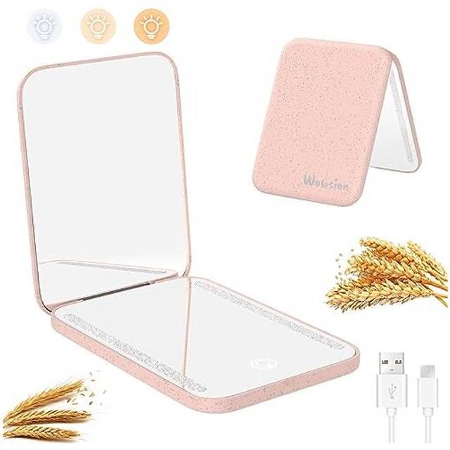 Wheat Straw Compact Mirror with Light Rechargeable, Natural Organic Wheat Straw Fiber Small Pocket Mirror, 1x/3x Magnifying Portable Travel Makeup