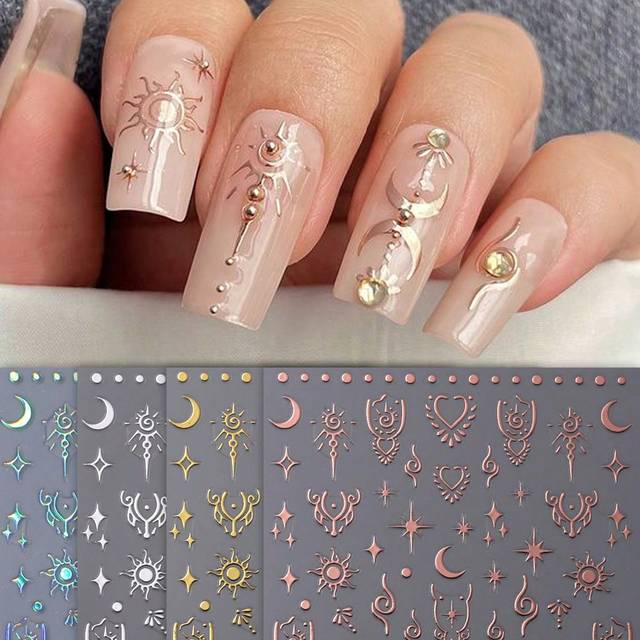 SHEIN 4pcs 3D Rose Gold Silver Laser Star Sun Nail Stickers Holographic Heart Bohemian Style Decal Design Self-Adhesive Nail Art Decoration Tips DIY