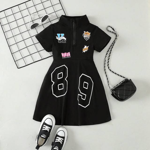 Liten Tjejer Fashionabel Mönster Tryckt A-linje Klänning Till våren Och Sommar - Svart (6Y,7Y,4Y,5Y)