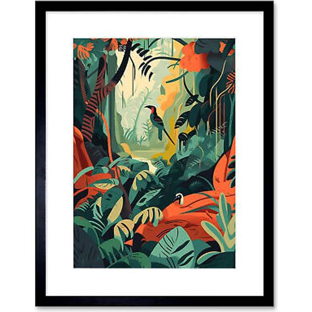 Wall Art Print Amazon Rainforest Diverse Flora and Tropical Birds Artwork Framed 9X7 Inch - Black - W7 inch x H9 inch