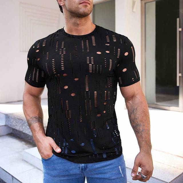 Manfinity Men Hollow Out Round Neck Plain Short Sleeve T-Shirt, For Going Out, For Friends, Summer