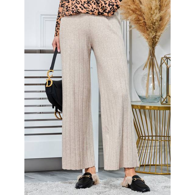 Ribbed Knit Wide Leg Trousers - Light Beige - M/L