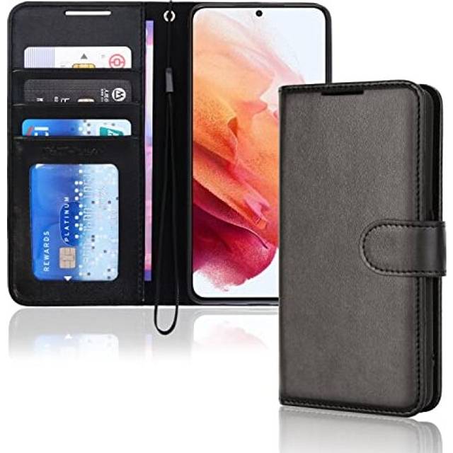 (Black) Samsung Galaxy S23 Leather Wallet Case, Flip Protective Cover with Wallet Card Holder, Stand and Wrist Strap - PU Leather with Magnetic Closur