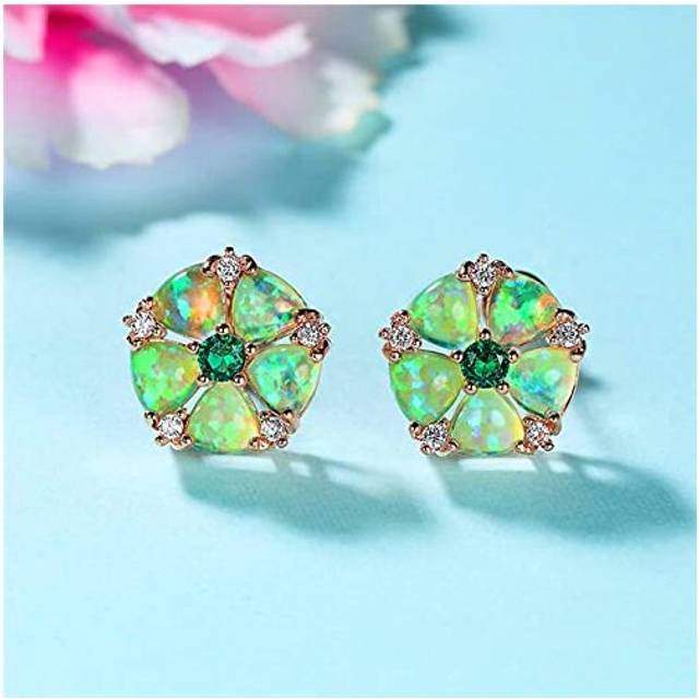 Boho Female Green Opal Stone Earrings Charm Rose Gold Color Stud Earrings Cute Crystal Flower Wedding Earrings For Women