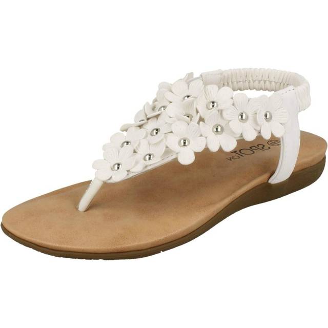 (UK 11 Child, White) Girls Spot On Flat Flower Trim Toepost Sandals