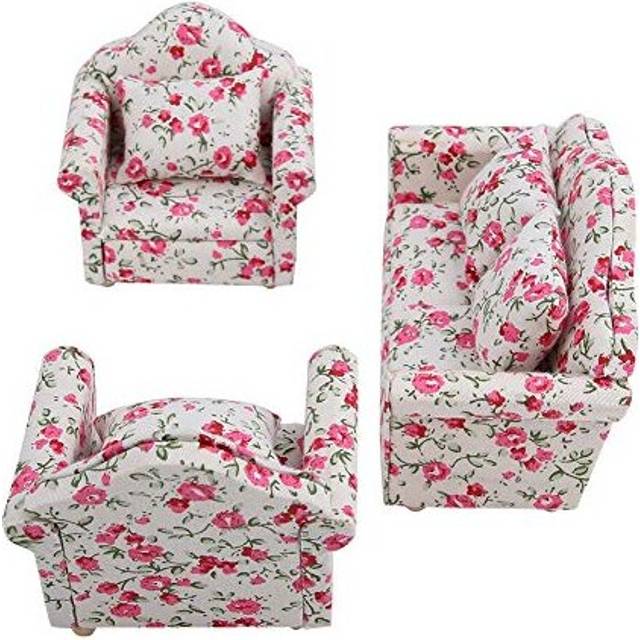 Dollhouse Sofa, 1/12 Scale Dollhouse Accessories Flower Pattern Mini Furniture Sofa Set With Back Cushions(#2)