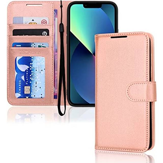 (Rose Gold) iPhone 13 Leather Wallet Case, Flip Protective Case Cover with Wallet Card Holder, Stand and Wrist Strap - Black PU Leather with Magnetic