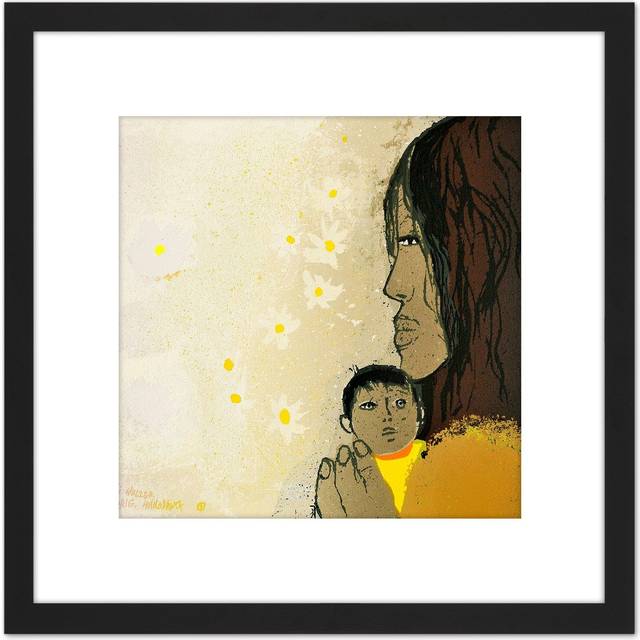 Adi Holzer 263 Mother Child Painting 8X8 Inch Square Wooden Framed Wall Art Print Picture with Mount - Black - One Size