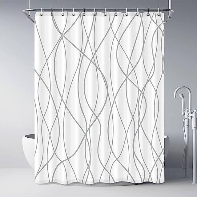 Grey and White Striped Fabric Shower Curtain for Bathroom with 12Hooks, Curtains 84 Inches Long, Weighted Hem,Waterproof Bath Accessories Hotel Style