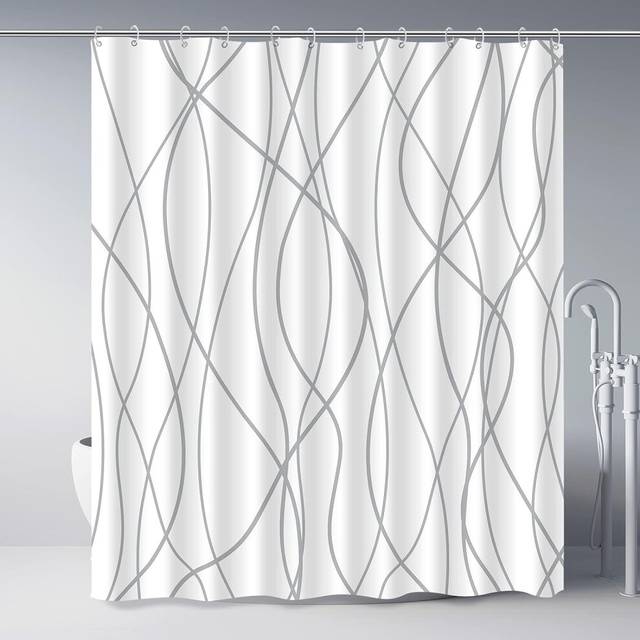 Bathroom Gray and White Striped Fabric Shower Curtain with 12 Hooks, Curtain Measures 72 Inches Water Resistant Machine Washable
