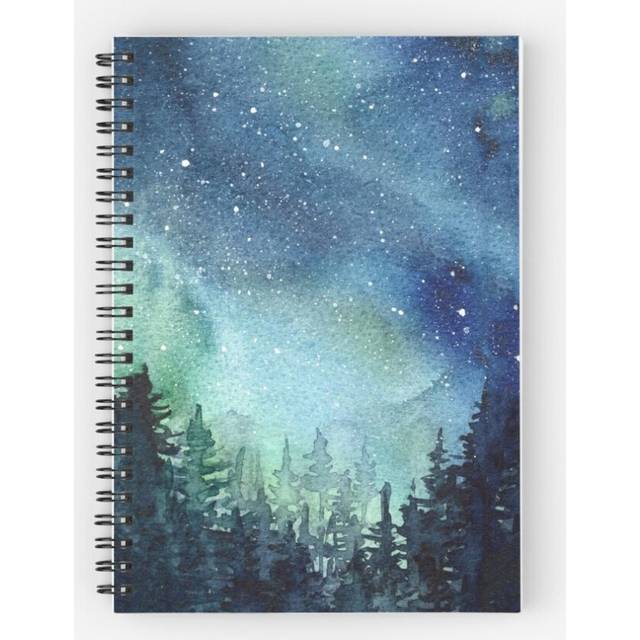 Spiral Notebook Watercolor Nebula Aurora Northern Lights Painting A5 120 Pages