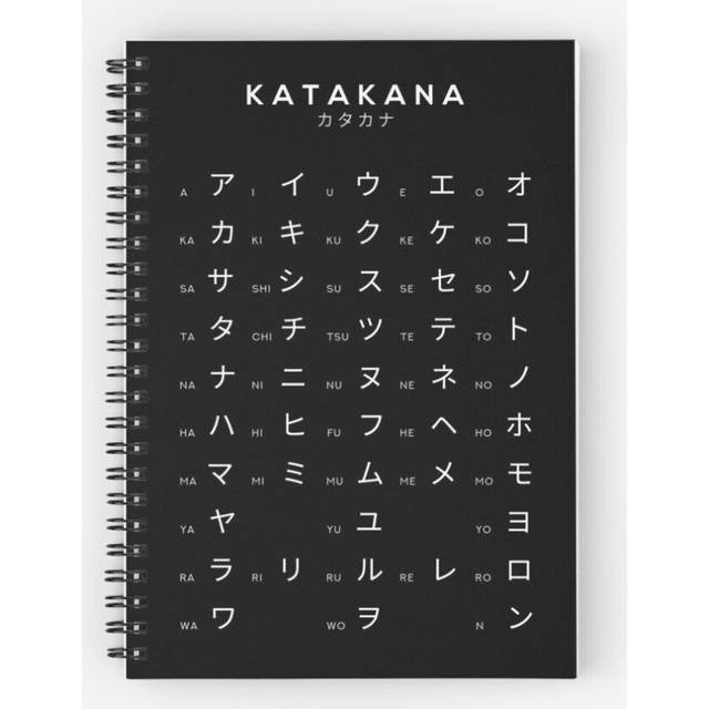 Spiral Notebook Katakana Chart - Japanese Alphabet Learning Chart - Black A5 120 Pages