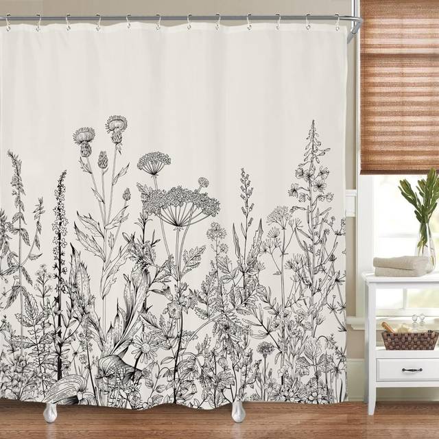 Wild Floral Shower Curtain Botanical Flower Plant Herbs Tulip Nature Blossom Wildflower Leaf Sketch Waterproof Fabric 72Wx72H Inch