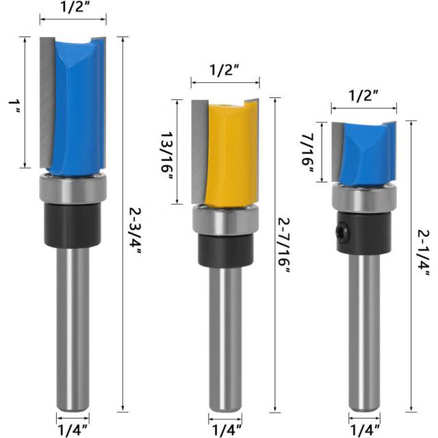 (3pcs 1/4 shank set) 1/4inch/6mm Shank Flush Trim Router Bit Pattern Bit Top Bottom Bearing Blade Template Wood Milling Cutter Carpenter