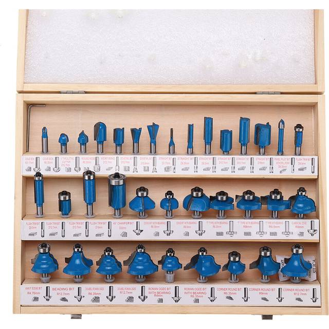 Drillpro 35PCS Router Bits Set 1/4 Shank 8mm Shank with Wood Case Milling Cutter for Wood Flush Straight Chamfer Trimming Engraving Tool