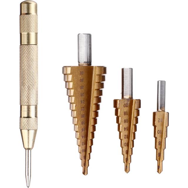 Drillpro 4pcs 4-12/20/32mm HSS Titanium Step Cone Drill Bit with Automatic Center Punch