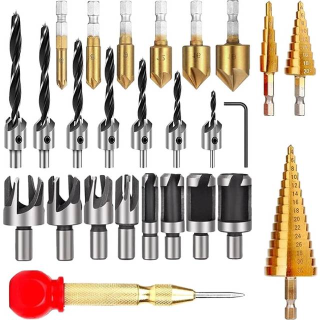 26-Pack Woodworking Chamfer Drilling Tools Drill Bits Set Wood Plug Cutter Three Pointed Countersink Drill Bits