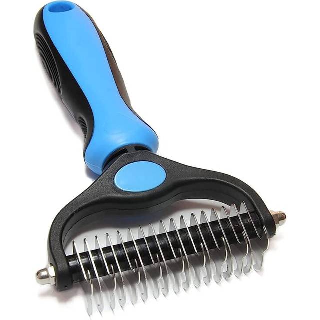 Pet Grooming Brush-Double Sided Shedding and Dematting Undercoat Rake Comb for Dogs and Cats, No More Nasty Shedding or Flying Hair (Blue), 1.0 Count