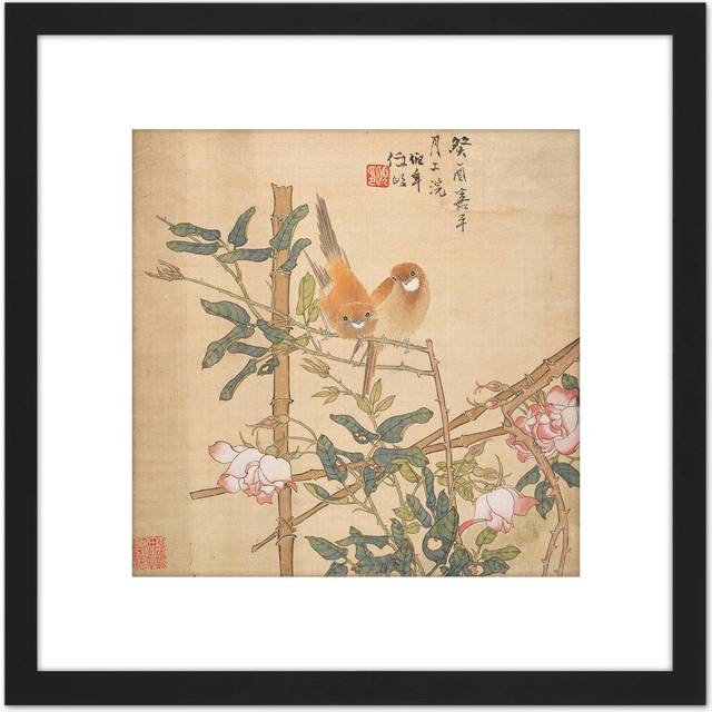 Ren Yi Two Birds Perched Rose Bush Painting 8X8 Inch Square Wooden Framed Wall Art Print Picture with Mount - Black - One Size