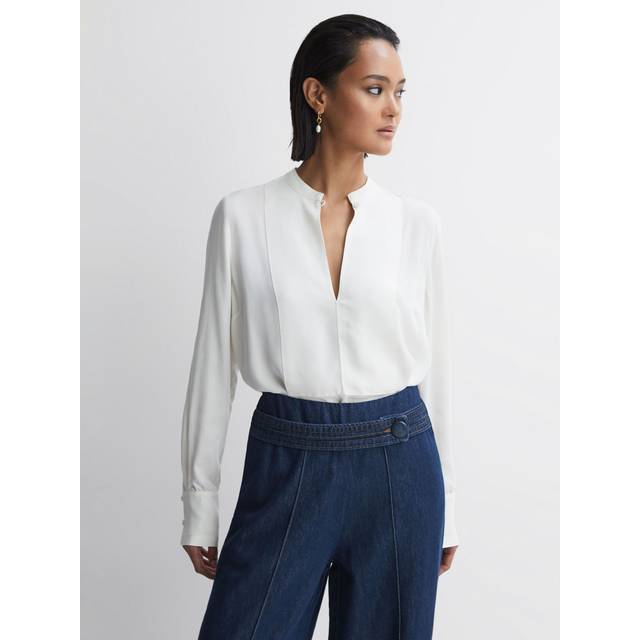 Reiss Womens Cream Emmy Grandad-collar Long-sleeve Woven Blouse 6 - CREAM