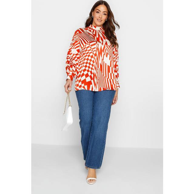 M&Co Red & White Abstract Print High Neck Satin Blouse 18 M&Co Womens