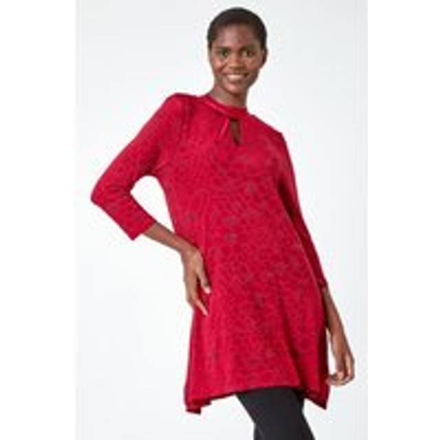 Textured Print Keyhole Stretch Tunic Top - Red - 10