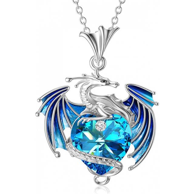 Dragon Necklace Sterling Silver Birthstone Wyvern Necklace with Heart Shaped Crystal Jewelry Gift for Women Girl