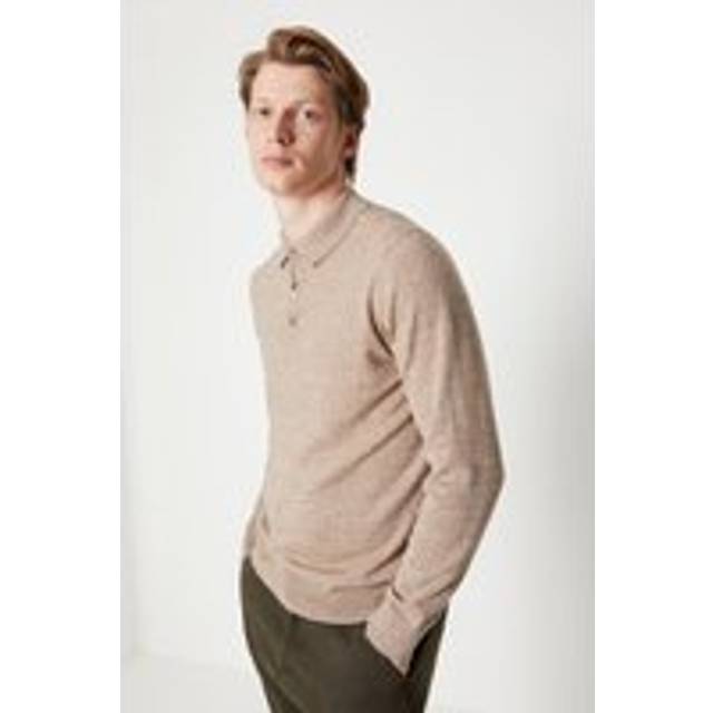 Mens Cotton Rich Long Sleeve Knitted Polo - Oatmeal - XXL