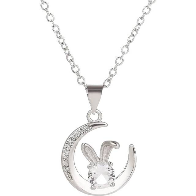 Half Moon Pendant Necklace Rose Gold Silver Crystal Crecent Bunny Necklace for Women Girls Easter Jewelry Gift for Rabbit Lover