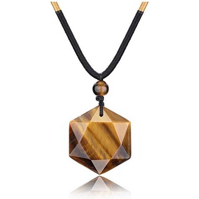 Tiger Eye Pendant Necklace Mens Womens Healing Crystal Hexagram Star Amulet Stones Reiki Necklace for Meditation Protection - Grey