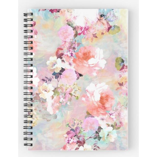 Spiral Notebook Romantick Teal Watercolor Chic Floral Pattern A5 120 Pages