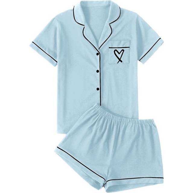 LYANER Women's Pajamas Set Heart Print Button Short Sleeve Shirt with Shorts Sleepwear PJs Set Light Blue X-Large
