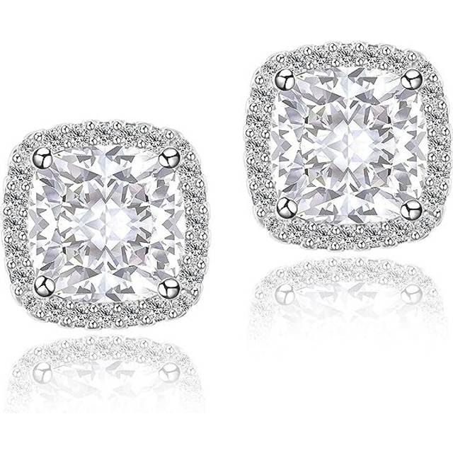 Cubic Zirconia Earrings Studs, CZ Stud Earrings YOMELA White Gold 10MM Square Round Teardrop Heart Halo Stud Earrings Hypoallergenic for Women