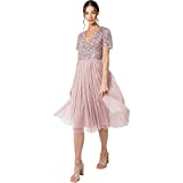 Short Sleeve V Neck Embellished Midi Dress - Light Pink - 20