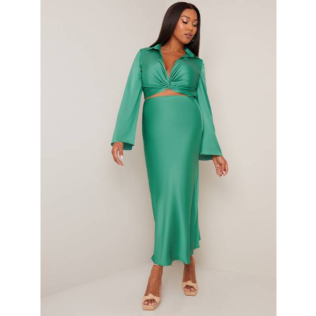 Satin Slip Maxi Skirt in Green - 6